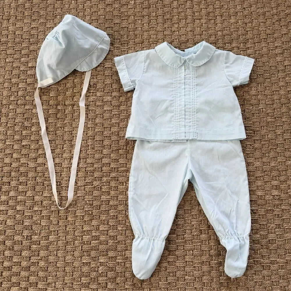 Vintage Baby Boy Heirloom Set With Bonnet Pale Blue Color